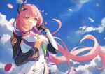  1girl a_akatsuki_1531 absurdres black_gloves blue_eyes blue_sky breasts cloud commentary_request corset elf elysia_(honkai_impact) elysia_(miss_pink_elf)_(honkai_impact) falling_petals flower gloves hair_ornament highres holding holding_flower honkai_(series) honkai_impact_3rd large_breasts long_hair outdoors petals pink_hair pointy_ears purple_flower purple_tulip shrug_(clothing) single_glove sky smile solo tulip very_long_hair white_corset 