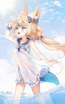  1girl :d animal_ear_fluff animal_ears arm_up black_bow black_sailor_collar blonde_hair blue_eyes blue_hair blue_sky bow cat_ears cloud cloudy_sky commentary_request day dress fins fish_tail frilled_dress frilled_sailor_collar frills highres indie_virtual_youtuber long_hair low_twintails multicolored_hair outdoors palm_tree rimuu sailor_collar sailor_dress sameko_saba see-through_silhouette shading_eyes sky sleeveless sleeveless_dress smile solo streaked_hair striped_bow tail tree twintails very_long_hair virtual_youtuber wading water white_dress 