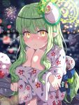  1girl alternate_costume back_bow blue_archive blue_bow blue_sash blush bow candy_apple closed_eyes fireworks food green_hair green_halo hair_between_eyes halo highres hikari_(blue_archive) holding holding_candy_apple holding_food hugging_own_legs japanese_clothes kimono long_hair looking_at_viewer mask mask_on_head mikoshi_(user_wvyd4348) obi pointy_ears sash solo white_kimono yellow_eyes 