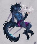  abstract_background anthro blue_fur blue_scales cigarette claws clothed clothing digitigrade dragon ear_piercing fangs fur hair hindpaw male necroizu pawpads paws piercing purple_eyes sabertooth_(feature) scales shorts sitting smile smoking solo tail_spikes topless 