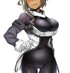  blush bodysuit breasts character_request commentary_request copyright_request gloves large_breasts pilot_suit ribbed_bodysuit solo tan tight tsukinami_kousuke white_hair 