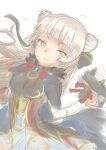  1girl absurdres bad_id bad_twitter_id black_cape blue_cape breasts cape chaos_puss_in_boots_(grimms_notes) closed_mouth gloves grey_hair grimms_notes haiirn_karin hand_up highres long_hair looking_to_the_side simple_background sketch skirt smile solo two-sided_cape two-sided_fabric upper_body white_background white_gloves white_skirt 