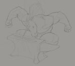 absurd_res aduran anthro anvil crouching empty_eyes equid equine forging hi_res horn male male_anthro mammal melee_weapon monochrome muscular muscular_anthro muscular_male mythological_creature mythological_equine mythology nude open_mouth simple_background sketch solo spiral_horn sword teeth unicorn weapon