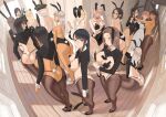  6+girls animal_ear_hairband animal_ears ass back black_hair black_hairband black_leotard black_shoes blonde_hair bow bowtie breasts brown_hair commentary_request cross cross_pasties fake_animal_ears fake_tail fisheye glasses green_hat hairband hat heart_pasties highres indoors large_breasts legs leotard long_hair looking_at_viewer maid multiple_girls original pasties paw_shoes peaked_cap pink_hair playboy_bunny rabbit_ears rabbit_tail red_bow red_bowtie reverse_bunnysuit reverse_outfit shoes sidelocks slap_mark standing tail thighs throtem topless_female wavy_hair white_shoes wooden_floor you&#039;re_doing_it_wrong 