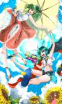  2girls absurdres ahoge antennae arthropod_girl ascot bare_legs bikini black_bikini black_cape blue_sandals blue_sky breasts brown_eyes cape cloud collared_shirt denim denim_shorts field flower flower_field frilled_skirt frills green_eyes green_hair happy highres holding holding_umbrella interlocked_fingers kazami_yuuka large_breasts midriff multiple_girls navel open_clothes open_mouth open_shirt outdoors parasol petals plaid_clothes plaid_skirt platform_shoes red_cape red_nails red_skirt sandals shirt short_hair short_shorts short_sleeves shorts skirt sky sleeveless sleeveless_sweater sun sunflower sweater swimsuit tied_shirt tokatokato touhou turtleneck turtleneck_sweater two-sided_cape two-sided_fabric umbrella water_gun white_shirt white_sweater wriggle_nightbug yellow_ascot 