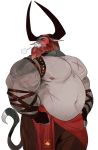 2018 5_fingers anthro beard belly biceps bovine cattle clothing face_paint facial_hair fingerless_gloves gloves hair horn male mammal mature_male muscular muscular_male navel nipples overweight overweight_male pecs red_hair scar simple_background solo standing vetrowolf white_background 