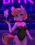  2018 alcohol anthro bar beverage blush bottle bow_tie breasts brown_eyes cherry cleavage clothed clothing cufts cutie_mark detectiveneko earth_pony english_text equine eyebrows eyelashes fan_character female food fruit fully_clothed glass hair hi_res holding_object horse inside leotard looking_at_viewer mammal my_little_pony navel neon pink_hair pony portrait short_hair sign smile standing straw text thick_thighs three-quarter_portrait tray 