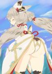  1girl animal_ears artist_request ass bell blush cat_ears eyes_closed from_behind huge_ass japanese_clothes jingle_bell leotard long_hair pussy_juice shiny shiny_hair shiny_skin silver_hair solo spoilers tears thighhighs twintails xeno_(series) xenoblade xenoblade_2 