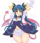  1girl bat_wings blue_hair circlet demon_tail earrings fang gloves jiz navel open_mouth pointy_ears puffy_sleeves ruruie_(shinrabanshou) shinrabanshou shiny_skin short_sleeves small_breasts solo tail thighs v white_background yellow_eyes 