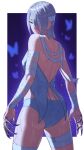  1girl a.k.i._(street_fighter) ass bandage_on_face bandage_over_one_eye bandaged_arm bandaged_head bandaged_leg bandaged_neck bandages bikini bug butterfly claw_(weapon) claw_ring cowboy_shot fake_claws grey_bikini grey_hair hair_over_one_eye highres looking_at_viewer mole mole_under_mouth official_alternate_costume official_alternate_hairstyle one_eye_covered red_eyes red_lips street_fighter street_fighter_6 swimsuit weapon white_hair yagi2013 