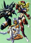  90s between_legs black_hair black_legwear blonde_hair breasts brid bridal_gauntlets canny_(saber_r) cleavage crossed_ankles dark_skin detached_sleeves edge_(saber_r) green_background green_eyes hand_between_legs headband helmet highres large_breasts long_hair looking_at_viewer midriff multiple_girls navel official_art one_eye_closed open_mouth parted_lips red_eyes red_legwear saber_marionette_r scan silver_hair simple_background thighhighs upper_teeth v-shaped_eyebrows very_long_hair 