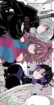  2b_(nier:automata) 3girls android_21 belt black_dress black_hair black_shirt black_sleeves blue_eyes breasts brown_hair butterfly_hair_ornament buttons checkered_clothes checkered_dress cleavage_cutout clothing_cutout crossover demon_slayer_uniform detached_sleeves dragon_ball dragon_ball_fighterz dress earrings gradient_hair hair_between_eyes hair_ornament haori headband highres hoop_earrings japanese_clothes jewelry kimetsu_no_yaiba kinakomochi_(user_vedc2333) kochou_shinobu large_breasts long_hair long_sleeves mole mole_under_mouth multicolored_dress multicolored_hair multiple_crossover multiple_girls nier:automata nier_(series) one_eye_covered parted_bangs puffy_sleeves purple_eyes purple_hair shaded_face shirt short_hair sideways sleeveless sleeveless_shirt sword sword_on_back upper_body weapon weapon_on_back white_hair 