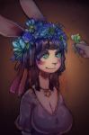  anthro blush breasts colored_sketch disembodied_hand female flower jewelry lagomorph makeup mammal mascara necklace plant pwcsponson rabbit smile solo_focus 