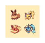  blue_eyes brown_eyes closed_mouth commentary creature eevee excarabu flareon full_body gen_1_pokemon jolteon looking_at_viewer lying no_humans pixel_art pokemon pokemon_(creature) purple_eyes sitting smile standing top-down_bottom-up vaporeon 