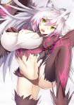 agrius_metamorphosis ahoge animal_ears atalanta_(alter)_(fate) atalanta_(fate) breasts cat_ears collar fate/grand_order fate_(series) green_eyes highres huge_breasts long_hair navel open_mouth silver_hair solo thighhighs uchisukui very_long_hair 