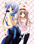 2000s_(style) 2girls absurdres apron apron_lift ass back back_bow backboob bare_back bare_shoulders bell_pepper black_hairband black_pantyhose blue_apron blue_hair blush bow bow_apron breasts carrot chaos;head chaos;head_love_chu_chu! checkered_background chest_bow clothes_lift collarbone covering_own_mouth dated ears_visible_through_hair frilled_apron frills from_behind hair_between_eyes hair_ornament hairband highres holding holding_ladle kishimoto_ayase ladle long_hair looking_at_viewer looking_back matsuo_yukihiro median_furrow medium_breasts multiple_girls naked_apron nearly_naked_apron nishijou_nanami no_bra official_art pantyhose pink_apron pink_eyes purple_eyes scan science_adventure shiny_skin short_hair shoulder_blades sideboob sidelocks small_breasts smile spatula swept_bangs tomato 