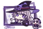  2girls black_eyes black_hat chan_co chibi closed_mouth commentary_request flower grey_hair hair_between_eyes hair_ribbon hat hat_flower herta_(honkai:_star_rail) herta_(puppet)_(honkai:_star_rail) honkai:_star_rail honkai_(series) long_sleeves multiple_girls neckerchief open_mouth puff_of_air purple_eyes purple_flower purple_neckerchief ribbon signature simple_background sparkle the_herta_(honkai:_star_rail) white_background witch_hat 