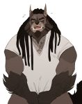  2018 anthro arm_hair beard black_hair bottomless canine clothed clothing dreadlocks facial_hair hair male mammal mature_male muscular muscular_male open_mouth sharp_teeth simple_background solo teeth vetrowolf white_background white_shirt wolf yellow_sclera 