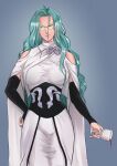  1girl alcohol breasts cup dress freudette glasses green_eyes green_hair highres holding holding_cup large_breasts long_hair long_sleeves one-punch_man ouroboros psychos_(one-punch_man) solo spilling wine 