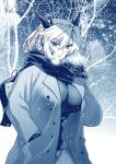  artoria_pendragon_(all) artoria_pendragon_(lancer_alter) braid breasts coat commentary_request crown eyebrows_visible_through_hair fate/grand_order fate_(series) highres horns ishida_akira large_breasts long_hair long_sleeves looking_at_viewer monochrome outdoors parted_lips scarf snow snowing solo 