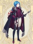  1boy alba_alfurira androgynous belt black_belt black_boots black_cape black_gloves blue_eyes blue_hair boots braid cape collared_jacket cuff_links dairoku_ryouhei diagonal_bangs earrings fingerless_gloves full_body fur-trimmed_cape fur_trim gloves gradient_hair high_heel_boots high_heels holding holding_staff jacket jewelry knee_boots long_hair long_sleeves looking_at_viewer low_ponytail male_focus mono_(miso_kuronowish) multicolored_hair nail_polish pants parted_lips ponytail red_hair red_jacket red_nails sideways_glance single_earring sleeve_cuffs smile solo staff star_(symbol) star_earrings stole thigh_strap two-sided_cape two-sided_fabric white_pants 