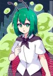  1girl antennae black_cape black_pants cape commission green_eyes green_hair highres neferkitty open_mouth pants shirt short_hair touhou two-sided_cape two-sided_fabric watermark white_shirt wriggle_nightbug 