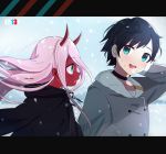  1girl black_cloak black_hair cloak coat commentary couple darling_in_the_franxx fur_trim grey_coat highres hiro_(darling_in_the_franxx) hood hooded_cloak horns long_hair oni_horns parka pink_hair red_horns red_pupils red_sclera spoilers tomato_omurice_melon winter_clothes winter_coat younger zero_two_(darling_in_the_franxx) 
