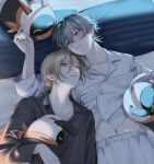  2boys animal_ears aqua_eyes artist_name bandana bangboo_(zenless_zone_zero) black_shirt blonde_hair closed_mouth collared_shirt creature english_commentary eous_(zenless_zone_zero) fingernails green_eyes grey_hair hair_between_eyes hand_up highres hug hugo_vlad kurashiki_(kas0) long_hair long_sleeves looking_at_another looking_up low_ponytail lying male_focus multiple_boys navel on_back on_bed one_eye_closed open_mouth orange_bandana pajamas pillow ponytail rabbit_ears shadow shirt short_hair shorts smile white_shirt white_shorts wise_(zenless_zone_zero) yaoi zenless_zone_zero 