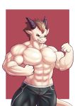  anthro clothed clothing d.angelo dragon flexing hair horn looking_at_viewer male muscular muscular_male smile solo standing topless 