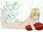  :d ahoge alternate_hairstyle ass bangs barefoot bed_sheet blonde_hair breasts cleavage collarbone curtains eyebrows_visible_through_hair fate/extra fate_(series) frilled_pillow frills green_eyes grin hair_down hair_intakes kneepits legs_up long_hair looking_at_viewer lying medium_breasts nero_claudius_(fate) nero_claudius_(fate)_(all) nude on_bed on_stomach open_mouth pillow pillow_hug pinch_(nesume) plant shiny shiny_hair smile solo straight_hair tareme tassel teeth the_pose 