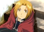  belt black_shirt blonde_hair braid close-up coat edward_elric expressionless fullmetal_alchemist long_hair looking_at_viewer looking_up male_focus mikumo_sena open_mouth pants red_coat shirt sitting solo yellow_eyes 