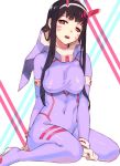  adapted_costume bangs black_hair bodysuit breasts commentary cosplay covered_navel covered_nipples d.va_(overwatch) darling_in_the_franxx facial_mark hairband horns large_breasts long_hair looking_at_viewer overwatch pilot_suit purple_bodysuit red_eyes shiny shiny_clothes sidelocks sieyarelow simple_background sitting solo wariza whisker_markings white_hairband zero_two_(darling_in_the_franxx) zero_two_(darling_in_the_franxx)_(cosplay) 