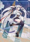  1girl absurdres aqua_eyes bell black_sandals black_skirt black_thighhighs blush character_name chihaya_(clothing) hair_ornament hatsune_miku highres holding holding_bell japanese_clothes jingle_bell kagura_suzu long_hair long_sleeves musical_note musical_note_hair_ornament musical_note_print musical_staff musical_staff_print official_alternate_costume official_alternate_hairstyle open_mouth pleated_skirt ribbon sandals shiko_(pixiv3834224) skirt smile snow snowflake_print solo striped_clothes striped_thighhighs thighhighs twintails very_long_hair vocaloid white_hair wide_sleeves yuki_miku yuki_miku_(2018) 