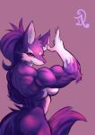  anthro breasts butt canine d.angelo female flexing fur hair mammal muscular muscular_female nude simple_background smile solo standing 