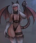  absurdres animal_ears bare_shoulders bat_wings blush braid breasts cowboy_shot fur hair_ornament hairclip hand_behind_head highres large_breasts lingerie long_hair looking_away manticore_(monster_girl_encyclopedia) matilda_vin monster_girl monster_girl_encyclopedia navel paid_reward parted_lips patreon_reward paws pink_eyes silver_hair solo tail tail_ornament tail_raised thigh_gap underwear wings 