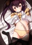  azur_lane bed_sheet beige_sweater black_hair black_legwear blush bow clothes_lift commentary_request eyebrows_visible_through_hair hair_between_eyes hair_bow hair_ornament highres isuzu_(azur_lane) long_hair long_sleeves looking_at_viewer lying mochiyuki navel on_back on_bed open_mouth oversized_clothes panties pantyhose pantyhose_pull polka_dot polka_dot_panties red_eyes shirt shirt_lift side_ponytail sleeves_past_fingers sleeves_past_wrists solo sweater sweater_lift tearing_up underwear white_shirt yellow_bow yellow_panties 