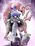  1girl black_boots black_dress black_gloves black_hair boots cherrim cherrim_(overcast) china_dress chinese_clothes crossover dress finger_touching flower flower_on_head full_body gloves greatmothsucks highres long_hair pokemon pokemon_(creature) scolipede standing sugimori_ken_(style) touhou vine_print yomotsu_hisami 