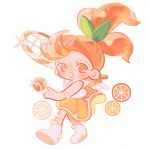 1girl antenna_hair ball bandaid bandaid_on_arm bandaid_on_knee bandaid_on_leg bare_shoulders blush boots bow colored_skin cookie_run cookie_run:_kingdom eyelashes floating_hair food from_side fruit full_body green_ribbon hair_ribbon hand_up high_ponytail holding holding_tennis_racket long_hair looking_at_viewer open_mouth orange_(fruit) orange_cookie orange_eyes orange_hair orange_skin orange_skirt ponytail racket reed ribbon shirt skirt sleeveless sleeveless_shirt smile solo sparkle standing tennis_ball tennis_racket white_background white_boots white_bow white_eyeshadow white_shirt 