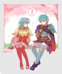  1girl 2900cm armor blue_hair boots breastplate cape eirika ephraim fingerless_gloves fire_emblem fire_emblem:_seima_no_kouseki gloves green_eyes highres long_hair pauldrons siblings skirt thigh_boots thighhighs twins zettai_ryouiki 