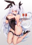  animal_ears artist_name azur_lane black_ribbon bow bowtie breasts bunny_ears bunny_tail bunnysuit cross cross_earrings cup drink drinking_glass earrings eyebrows_visible_through_hair fishnet_legwear fishnets frilled_legwear frills gradient gradient_background hair_between_eyes hair_ribbon high_heels highres holding holding_tray jewelry lace-up_top large_breasts legs_folded long_hair looking_at_viewer obiwan orange_eyes prinz_eugen_(azur_lane) ribbon silver_hair simple_background tail thigh_strap tongue tongue_out tray two_side_up very_long_hair white_wrist_cuffs wine_glass wrist_cuffs 