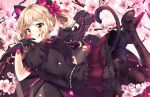  animal_ears bell blonde_hair bow catgirl cherry_blossoms d.va dress flowers gloves jpeg_artifacts long_hair overwatch pantyhose squadra tail twintails yellow_eyes 