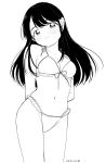  1girl absurdres arms_behind_back artist_name bare_shoulders bikini black_hair blush closed_mouth comitia cowboy_shot dot_nose double-parted_bangs frilled_bikini frilled_bikini_bottom frilled_bikini_top frills front-tie_top head_tilt highres lineart long_hair looking_at_viewer monochrome nagomurasan navel original sidelocks signature smile solo swimsuit thighs 