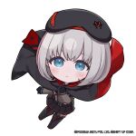  1girl belt beret black_belt black_gloves black_skirt blue_eyes blush breasts chibi closed_mouth commentary crossed_bangs english_commentary full_body gloves goddess_of_victory:_nikke grey_hair hand_up hat highleg highleg_leotard highres leotard light_frown looking_at_viewer medium_breasts medium_hair miniskirt no_nose official_art pleated_skirt skirt solo totatokeke vesti_(nikke) vesti_(tactical_upgrade)_(nikke) 