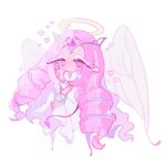  1girl angel_wings circlet closed_mouth colored_skin cookie_run cookie_run:_kingdom demon_tail dress drill_hair eternal_sugar_cookie eyelashes full_body gem halo hand_on_own_face hand_up head_wings heart heart-shaped_gem holding holding_instrument holding_lyre instrument long_hair looking_to_the_side lyre pink_eyes pink_gemstone pink_hair pink_skin pointy_ears reed simple_background sitting sleeveless sleeveless_dress smile solo sparkle tail very_long_hair white_background white_dress white_eyeshadow wings yellow_halo 