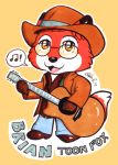  2011 acoustic_guitar amber_eyes anthro badge black_nose bluecanary brian_toon_fox canine chibi clothed clothing dipstick_ears eyewear fox fur glasses guitar hat holding_musical_instrument john_denver low_res male mammal musical_instrument musical_note open_mouth open_smile outline red_fur signature simple_background singing smile solo yellow_background 