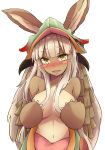  alternate_breast_size animal_ears blonde_hair blush breasts commentary covering covering_breasts embarrassed fang furry green_eyes highres horns looking_at_viewer made_in_abyss mistynight nanachi_(made_in_abyss) navel older simple_background solo tears topless white_background 
