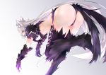  1girl animal_ears artist_request ass atalanta_(alter)_(fate) bangs black_gloves black_legwear black_panties breasts eyebrows_visible_through_hair fate/grand_order fate_(series) fur gloves green_eyes leaning leaning_forward long_hair looking_at_viewer looking_back open_mouth panties revealing_clothes shiny shiny_skin silver_hair solo thighhighs underwear 
