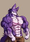  anthro canine clothed clothing d.angelo hyper hyper_muscles male mammal muscular muscular_male simple_background solo standing topless veiny_muscles 