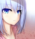  aoi_kao_(lsz7106) blue_eyes breasts collarbone commentary_request date_a_live expressionless hair_between_eyes highres looking_at_viewer medium_breasts pink_shirt shirt silver_hair solo tobiichi_origami 