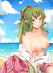  beach bikini breasts chiki fire_emblem green_eyes green_hair highres kyo-usa ocean pointy_ears ponytail sand sweat swimsuit 